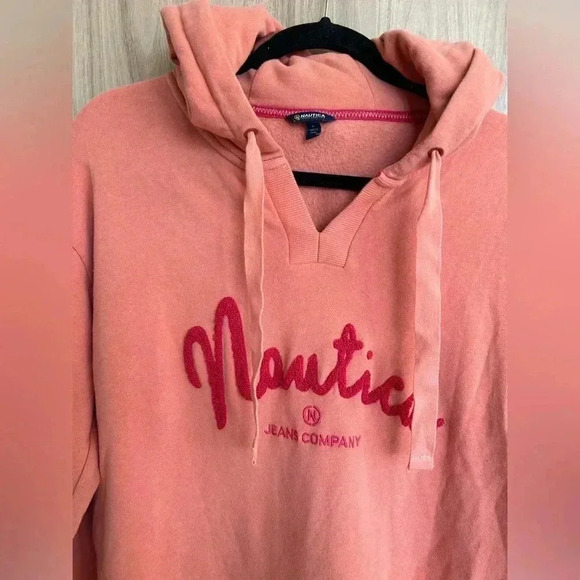 NAUTICA JEANS CO. CHENILLE LOGO HOODIE Large peach orange so soft - Picture 3 of 7